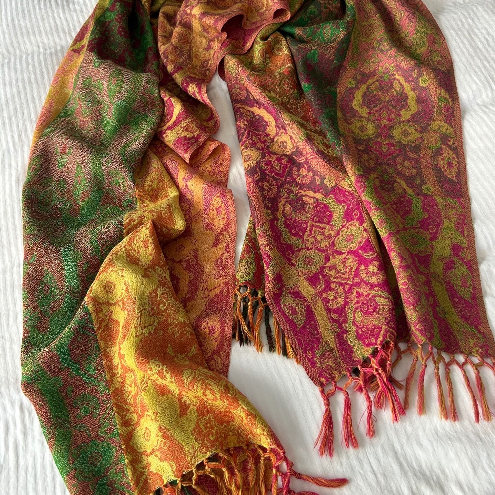 MOKSHA Shawl Wrap Scarf 100% Fine Wool Vibrant Colors 80 X 28” EUC